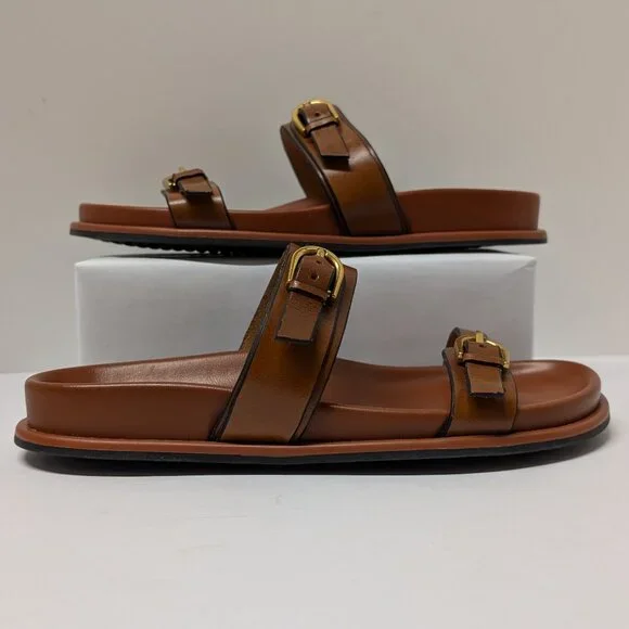 Steve Madden Zina Leather Double Strap and Buckle Sandals in Brown & Gold - Picture 6 of 12